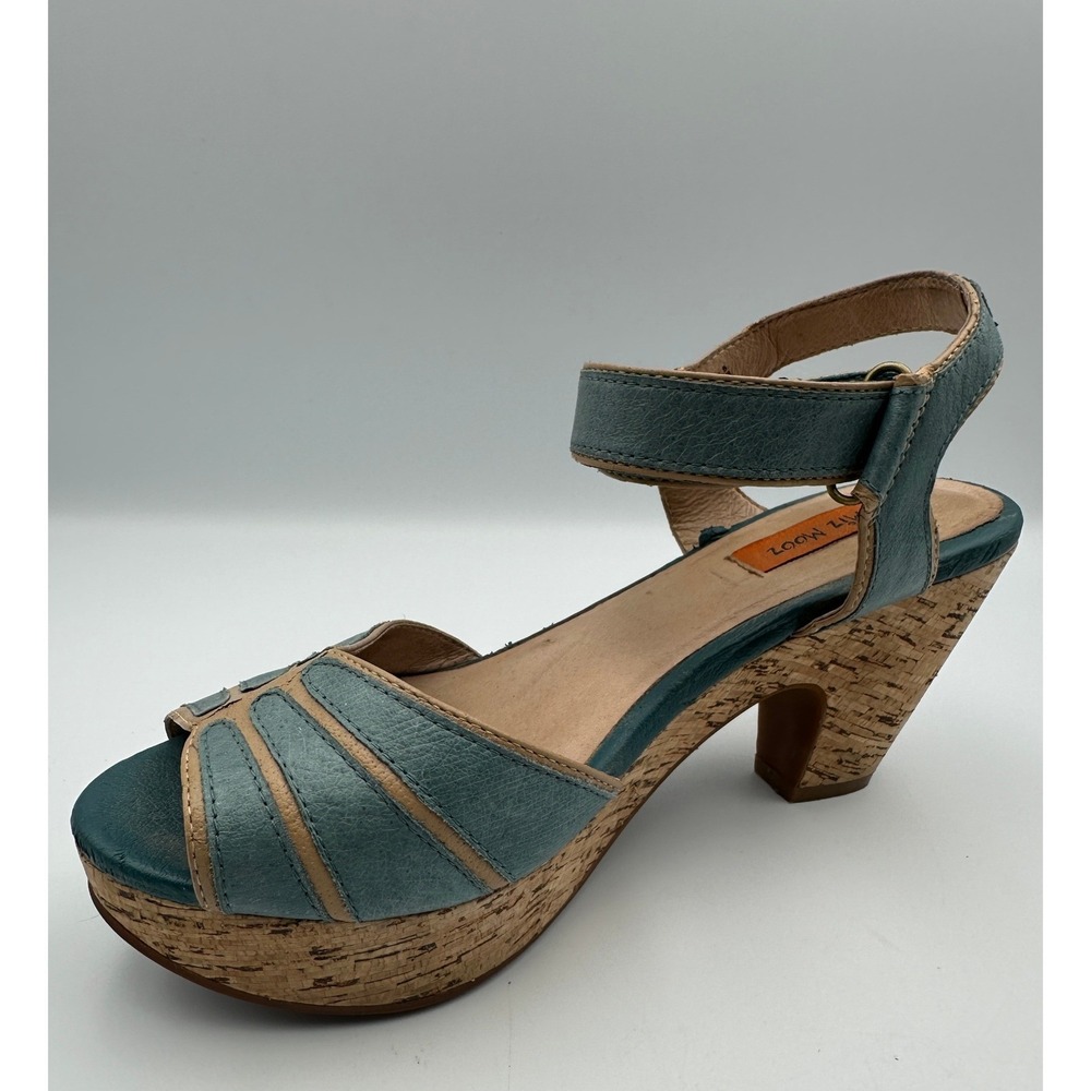 Miz Mooz Corbin Sandals Womens 7.5 Teal Blue Leather Cork Platform Block Heel - Picture 2 of 16